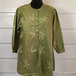 UTSA WOMENS LG GREEN LEAF PATTERN EMBROIDERED TUNIC 100% COTTON INDIAN ETHNIC